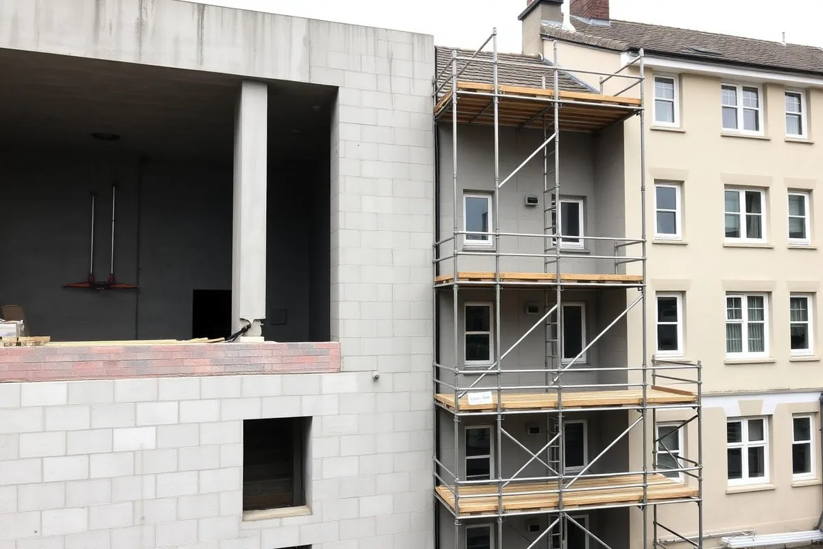 Massiver Rohbauanschluss an ein Bestandsgebäude mit gesichertem Fassadengerüst