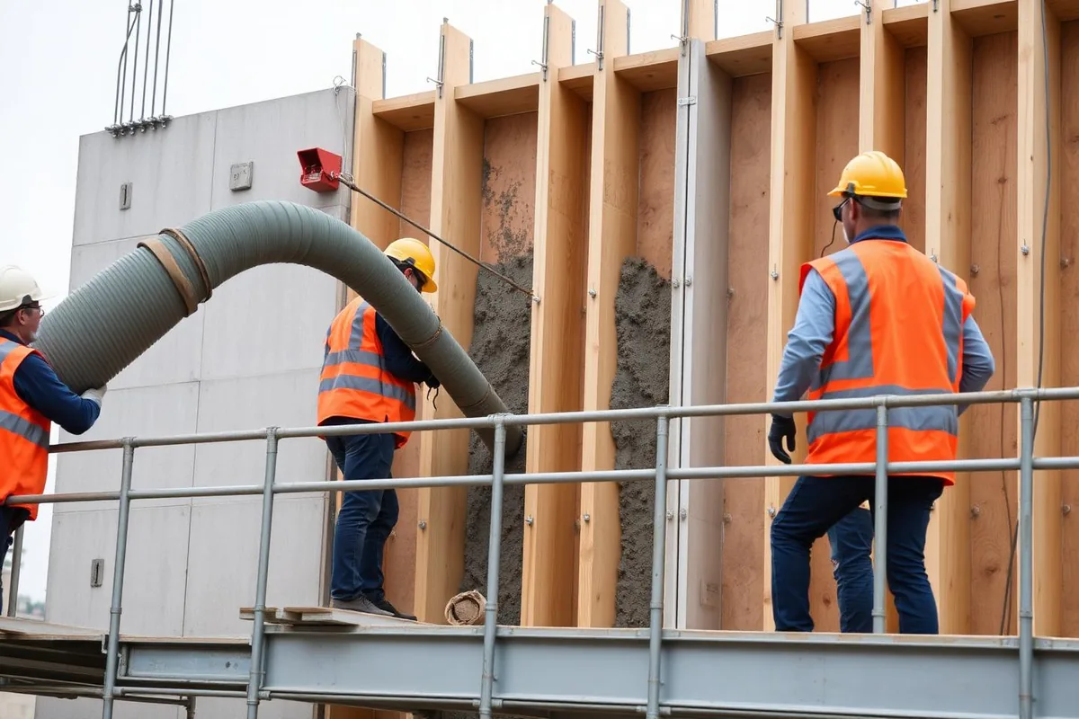 Betonage einer Wandschalung von einem gesicherten Arbeitsgerüst mit Geländer und Bordbrett