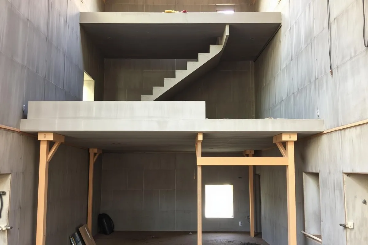 Rohe Geschossdecke mit Ortbetontreppe und unterstützender Schalung im Rohbau