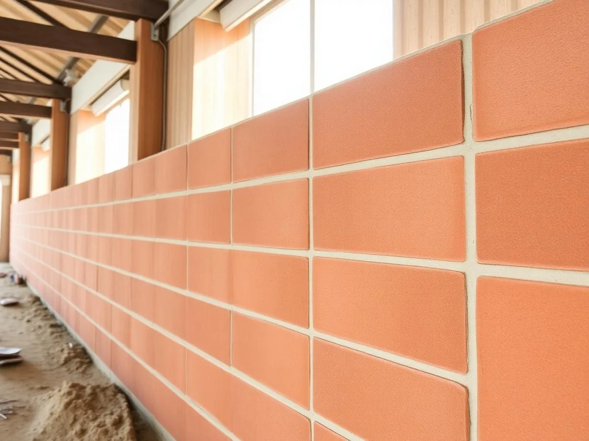Materialdetail einer Mauerwerkswand aus Planziegeln mit dünnen Lagerfugen