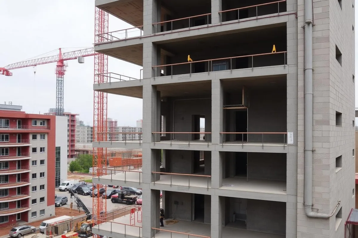 Rohbau eines mehrgeschossigen Wohngebäudes mit Betondecken und gesicherten Deckenrändern