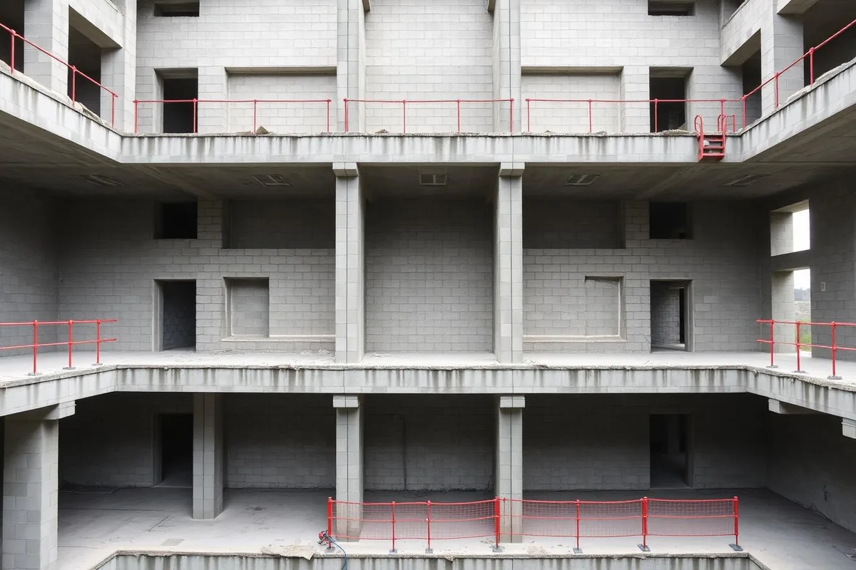 Mehrgeschossiger Rohbau mit Betondecken, Mauerwerkswänden und offenen Öffnungen ohne Fassade