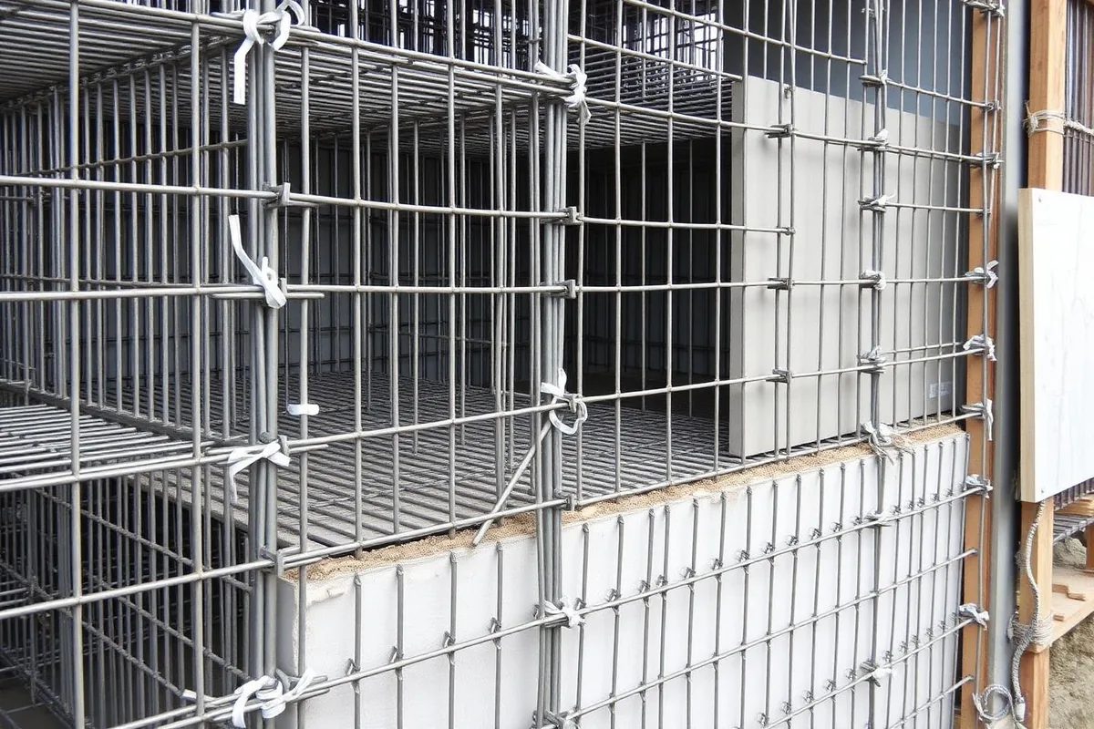 Verlegte Bewehrungskörbe einer Stahlbetonwand vor der Betonage