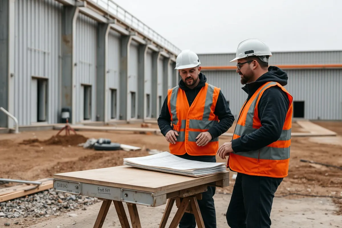 Zwei Bauverantwortliche stimmen sich am Plan auf der Baustelle ab